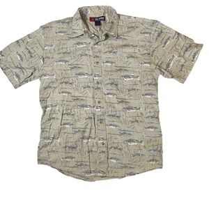Reel Legends Mens Large Bass Fish Print Button Down Shirt Sage Green Cotton L